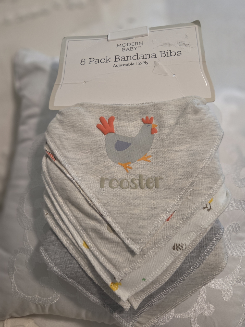Modern Baby Gray Rooster Bandana Bibs - 8 Pack
